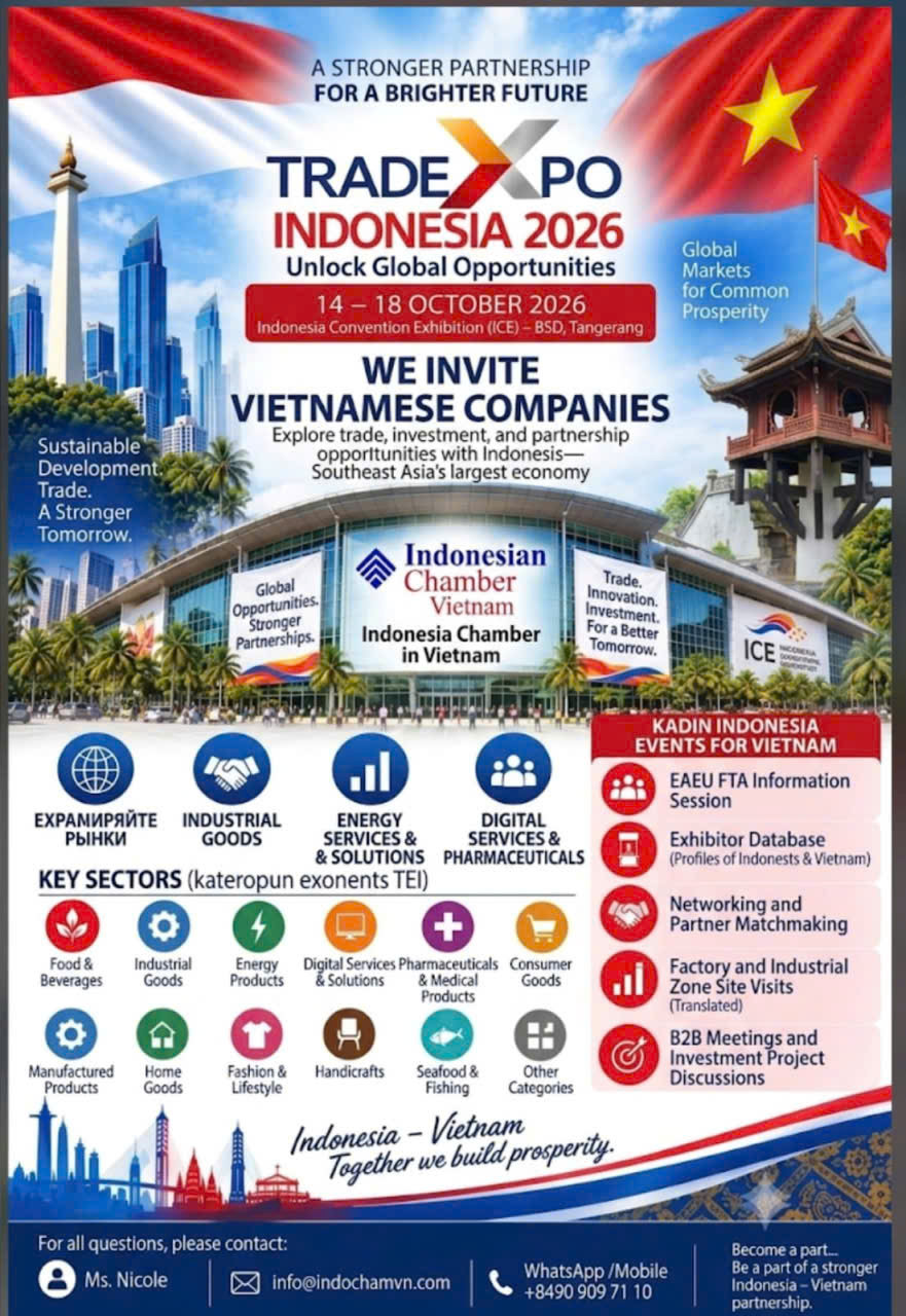 Trade Expo Indonesia 2026 sẽ diễn ra từ ngày 14 đến ngày 18 tháng 10 năm 2026 tại Trung tâm Triển lãm Indonesia (ICE) - BSD, Tangerang, với lời mời tham gia dành cho các doanh nghiệp Việt Nam.